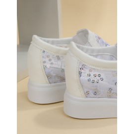 Sequins Floral Embroidered Lace Paneled Slip-On Wedge Shoes