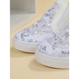 Sequins Floral Embroidered Lace Paneled Slip-On Wedge Shoes