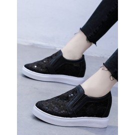 Sequins Floral Embroidered Lace Paneled Slip-On Wedge Shoes