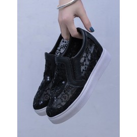 Sequins Floral Embroidered Lace Paneled Slip-On Wedge Shoes