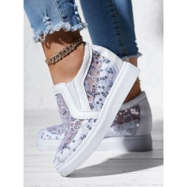 Sequins Floral Embroidered Lace Paneled Slip-On Wedge Shoes