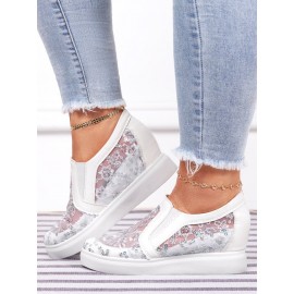 Sequins Floral Embroidered Lace Paneled Slip-On Wedge Shoes