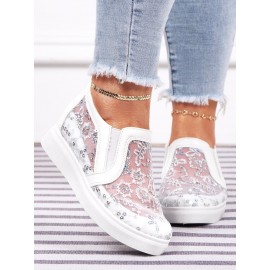 Sequins Floral Embroidered Lace Paneled Slip-On Wedge Shoes